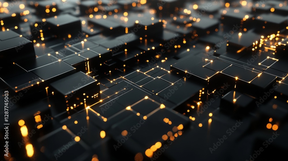 Obraz premium Dynamic cubic structures with interactive links, network flow visualization, abstract technology pattern, professional 3d artwork, dark environment, luminous connection points, geometric minimalism