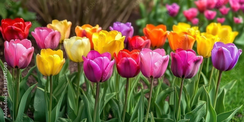 Fototapeta premium A field of tulips in vibrant colors arranged in neat rows