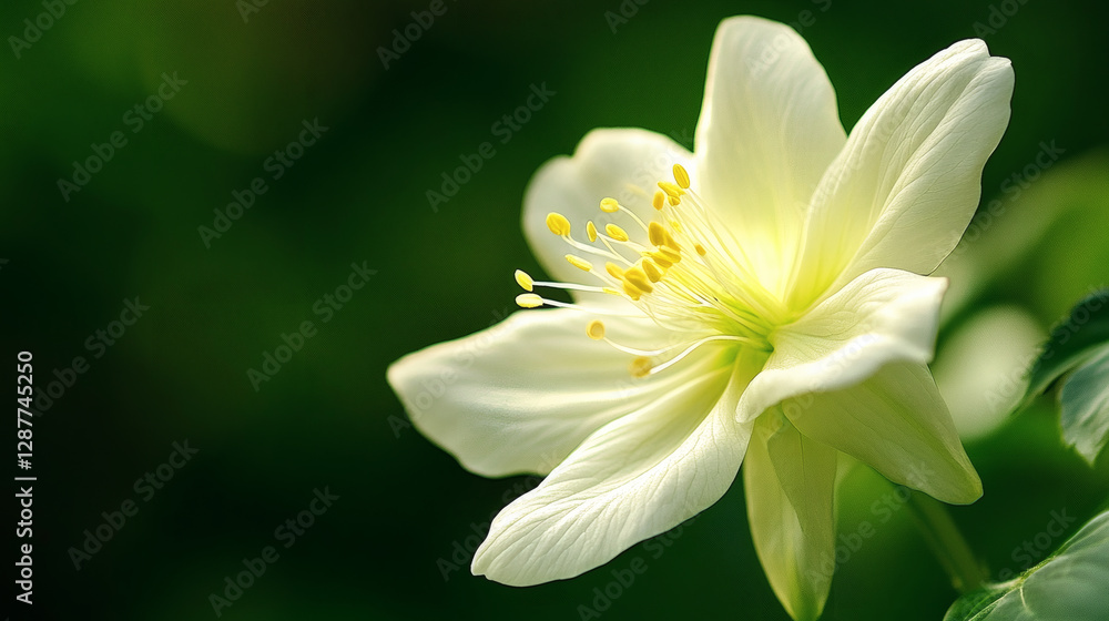 A delicate white flower with soft petals and vibrant yellow stamens, set against a lush green background, exuding tranquility and natural beauty A delicate white flower with soft petals and vibrant yellow stamens, set against a lush green background, exuding tranquility and natural beauty