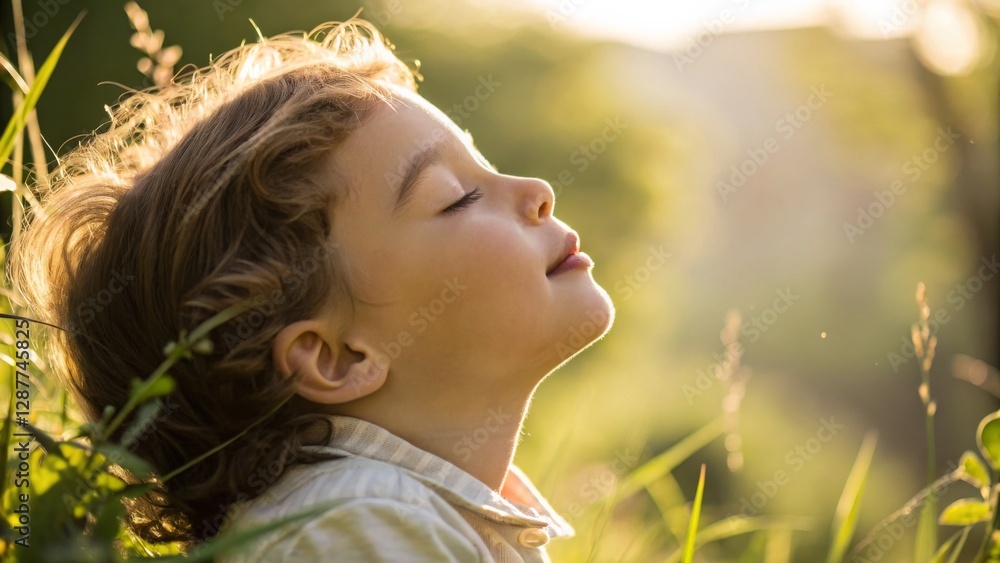 A serene child enjoys nature, eyes closed, basking in sunlight amidst greenery, embodying peacefulness and joy. A serene child enjoys nature, eyes closed, basking in sunlight amidst greenery, embodying peacefulness and joy.