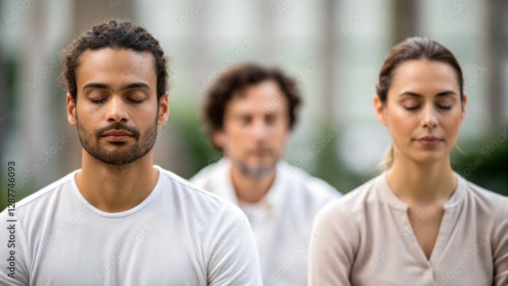 Three individuals practicing meditation outdoors, with serene expressions, emphasizing mindfulness and inner peace. Three individuals practicing meditation outdoors, with serene expressions, emphasizing mindfulness and inner peace.