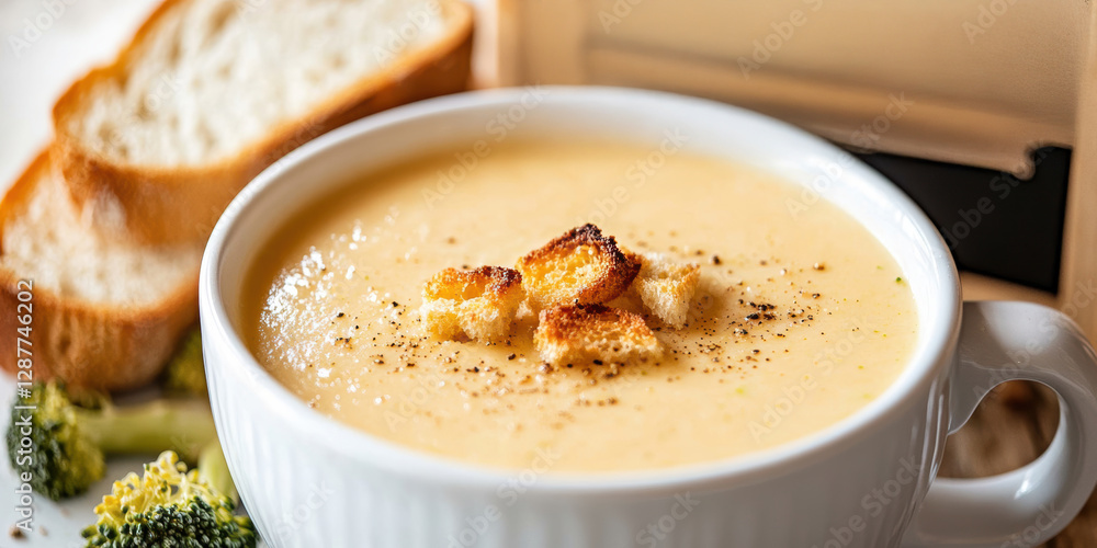 a bowl with broccoli cheddar soup. AI generative. a bowl with broccoli cheddar soup. AI generative.