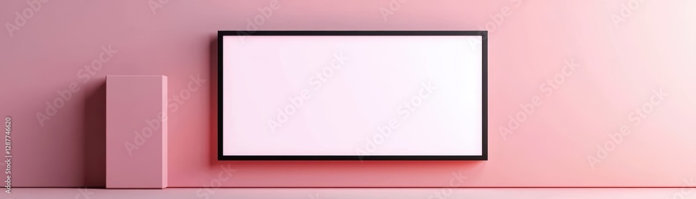 Fototapeta premium A minimalist room featuring a blank white canvas on a pastel pink wall, emphasizing simplicity and modern design.