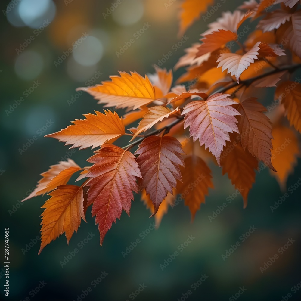 Autumn leaves on the brunch with blurred bokeh effect, with predominantly dark color palette background, the beauty of nature Autumn leaves on the brunch with blurred bokeh effect, with predominantly dark color palette background, the beauty of nature