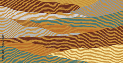 Colorful hand drawn brush line abstract wave or mountains background, Japanese and ethnic folk wood carving, engraving, sculpting texture surface pattern, simple graphic for textile, carpet, fabric