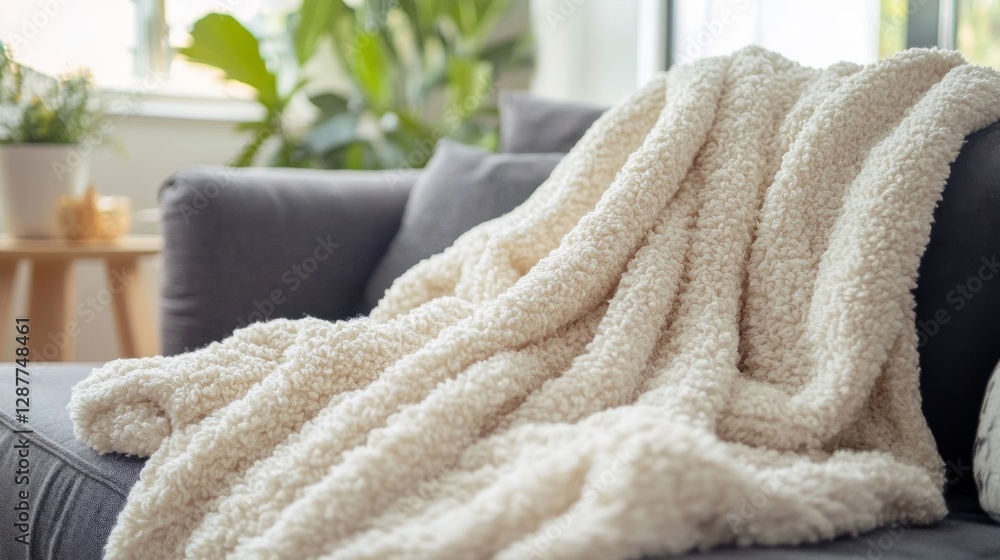 Cream Fluffy Throw Blanket on Gray Sofa Cream Fluffy Throw Blanket on Gray Sofa