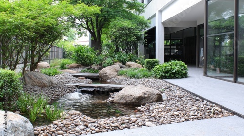 Wallpaper Mural Serene office garden, flowing water feature, green landscaping, modern building background Torontodigital.ca