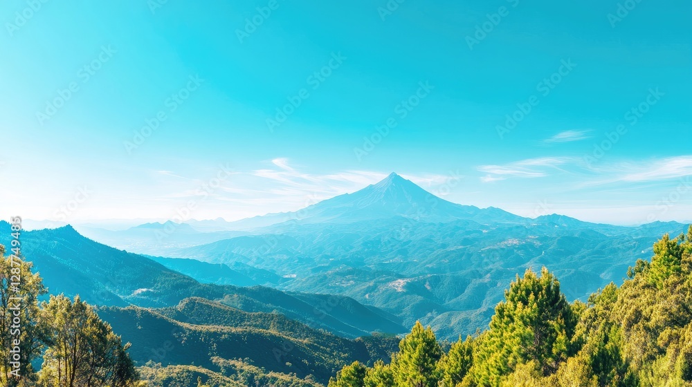 Breathtaking Mountain Landscape with Clear Blue Sky and Green Trees Breathtaking Mountain Landscape with Clear Blue Sky and Green Trees