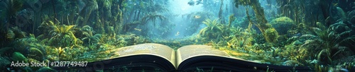 An open book with an illustration of the jungle on one page and a treasure map on another, fantasy art style