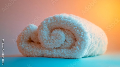 Rolled White Fluffy Towel on Blue and Orange Background