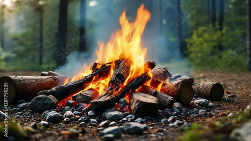 Burning Campfire in Forest at Sunset Stock Footage