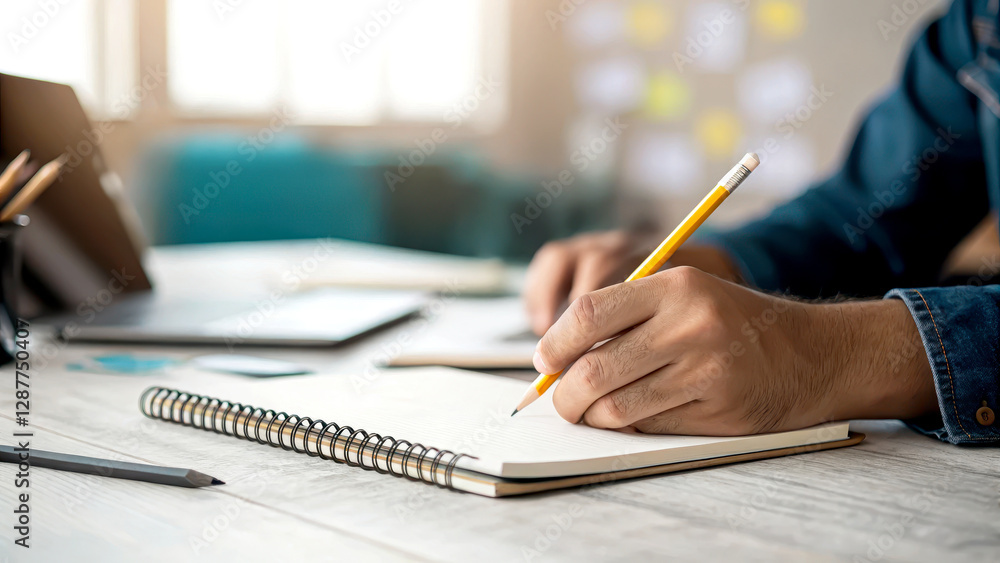 A person is writing in a notebook with a pencil, surrounded by stationery on a wooden desk, creating a focused workspace atmosphere. A person is writing in a notebook with a pencil, surrounded by stationery on a wooden desk, creating a focused workspace atmosphere.