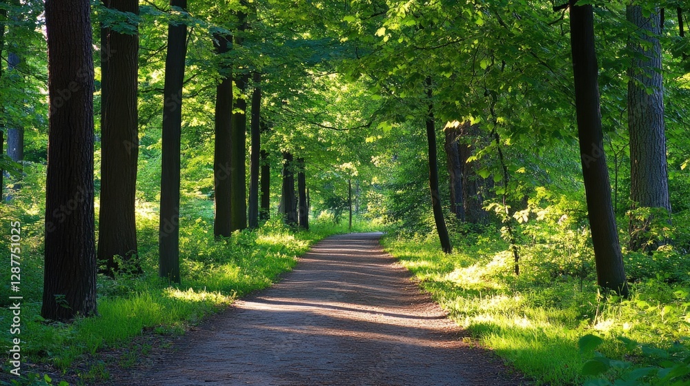 Fototapeta premium Peaceful Tree-Lined Pathway Through Lush Green Forest Landscape