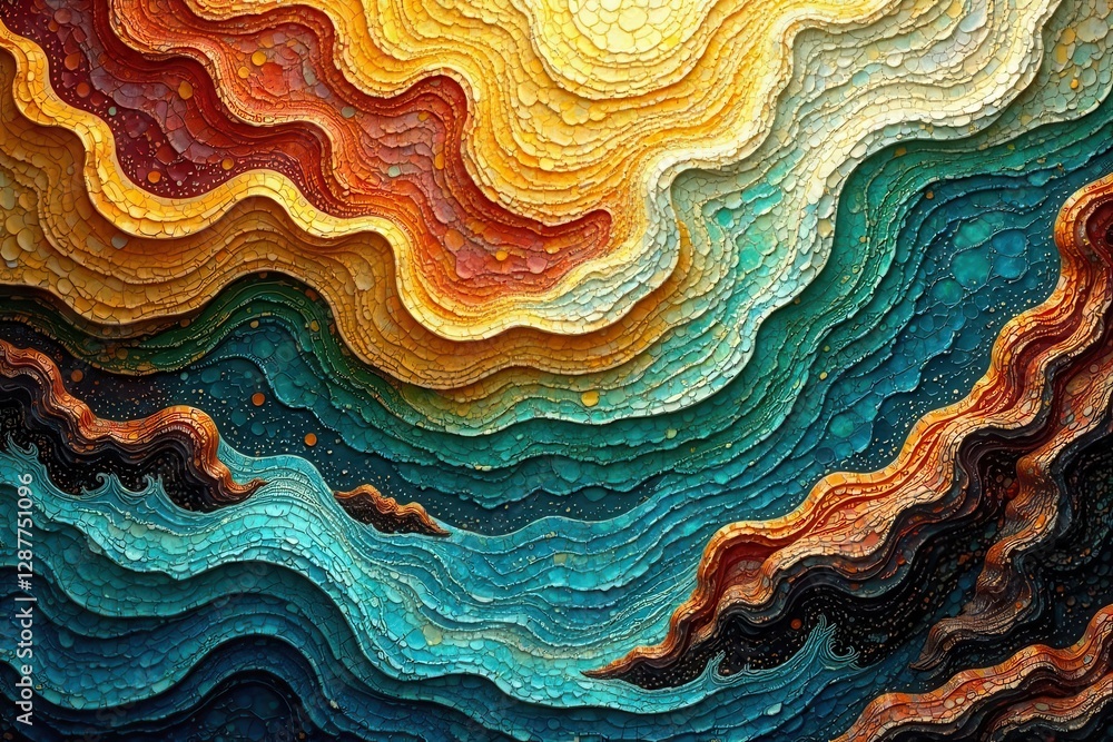 Fototapeta premium Abstract Wavy Landscape of Vivid Hues and Textured Layers in a Dreamlike Composition