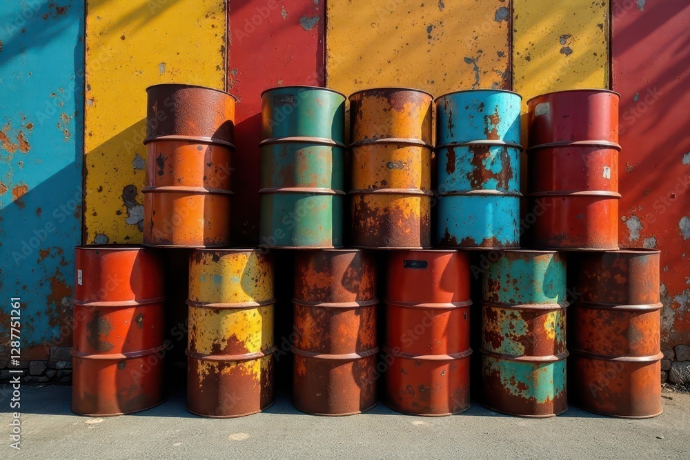 Colorful Rusty Barrels Stacked Against a Weathered Wall, a Vivid Display of Industrial Decay and Rustic Charm. Colorful Rusty Barrels Stacked Against a Weathered Wall, a Vivid Display of Industrial Decay and Rustic Charm.