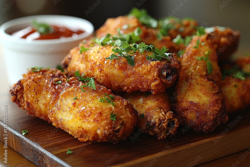 Fried chicken wings with parsley and sauce on a wooden plate for restaurant use Fried chicken wings with parsley and sauce on a wooden plate for restaurant use
