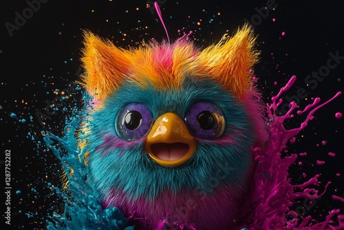 Brightly colored furry creature surrounded by vibrant splashes of paint in an imaginative setting at night