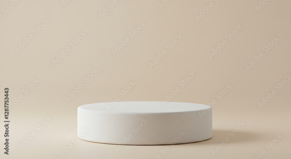 White cylindrical pedestal sits on a beige surface against a neutral background White cylindrical pedestal sits on a beige surface against a neutral background