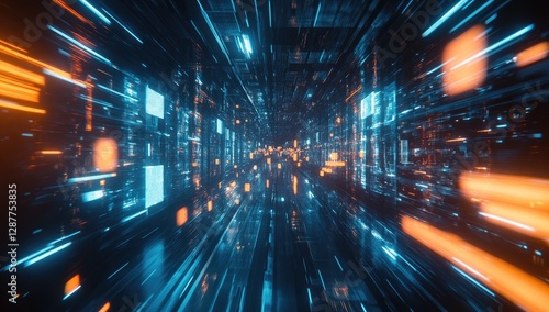 Blue and orange light streaks moving rapidly in the dark tunnel background, a futuristic technology concept.