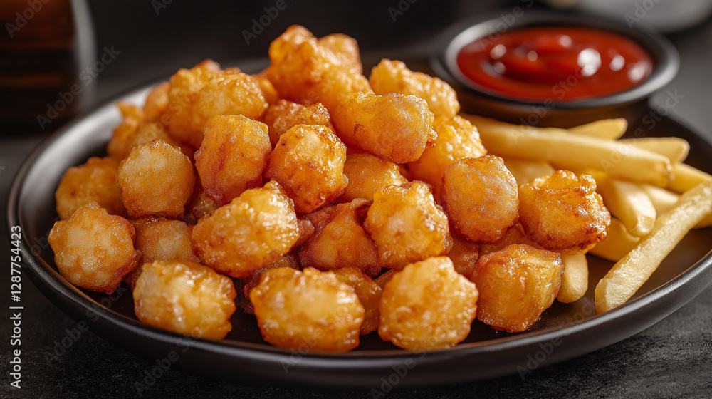 Crispy Tater Tots & Golden French Fries on White Plate – Delicious Fried Snack Garnished with Parsley – Served with Ketchup on Wooden Table for a Tasty & Satisfying Comfort Food Experience Crispy Tater Tots & Golden French Fries on White Plate – Delicious Fried Snack Garnished with Parsley – Served with Ketchup on Wooden Table for a Tasty & Satisfying Comfort Food Experience