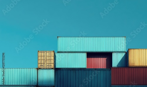 Blue shipping containers stacked on top of each other against the sky.