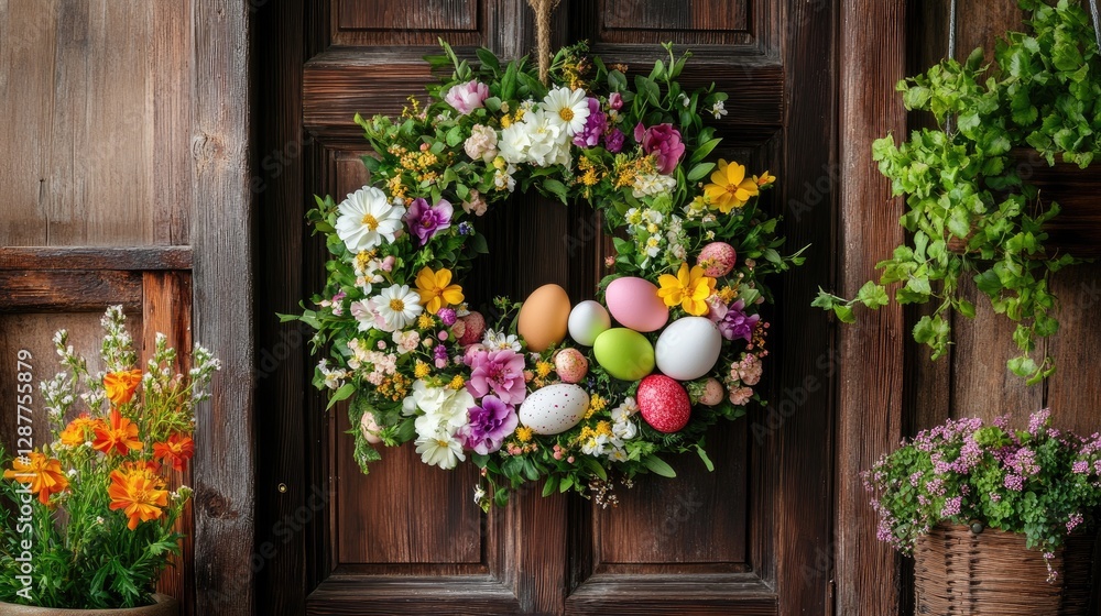 Fototapeta premium Colorful Easter Wreath with Flowers and Eggs on Wooden Door