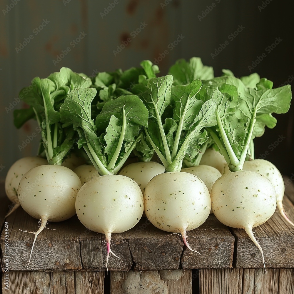 White radishes with green leaves arranged on a wooden board for healthy eating White radishes with green leaves arranged on a wooden board for healthy eating