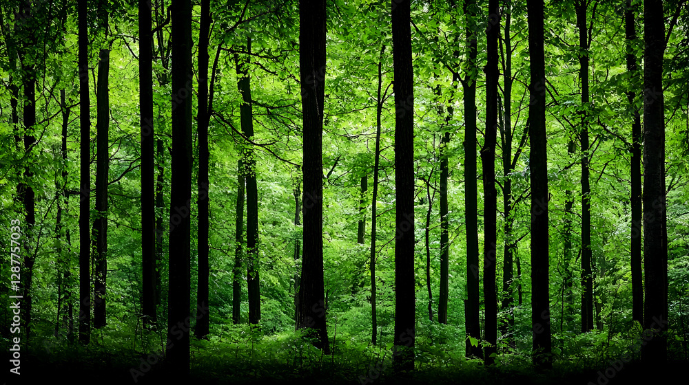 Lush Green Forest With Dark Tree Trunks And Sunlight Lush Green Forest With Dark Tree Trunks And Sunlight
