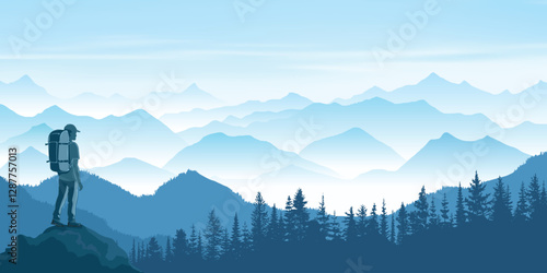 A tourist meets the sunrise in the mountains, hiking, adventure tourism and travel, vector illustration