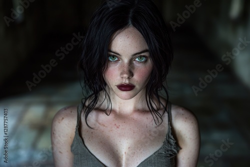 Portrait of a woman with freckles and dark hair.
