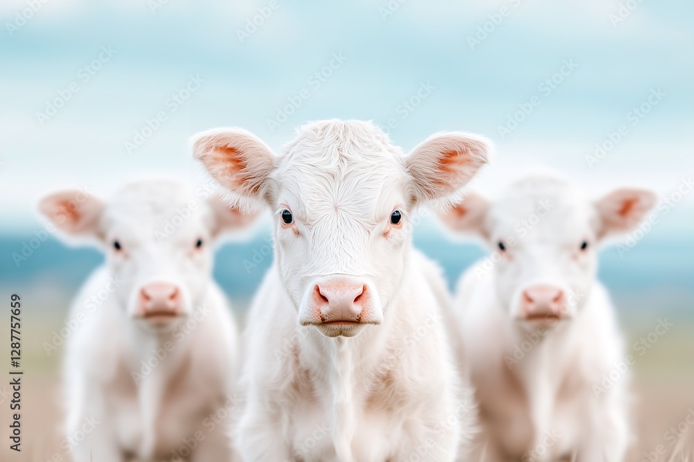 Three white calves standing together in a lush green pasture under a clear blue sky during a sunny afternoon Three white calves standing together in a lush green pasture under a clear blue sky during a sunny afternoon