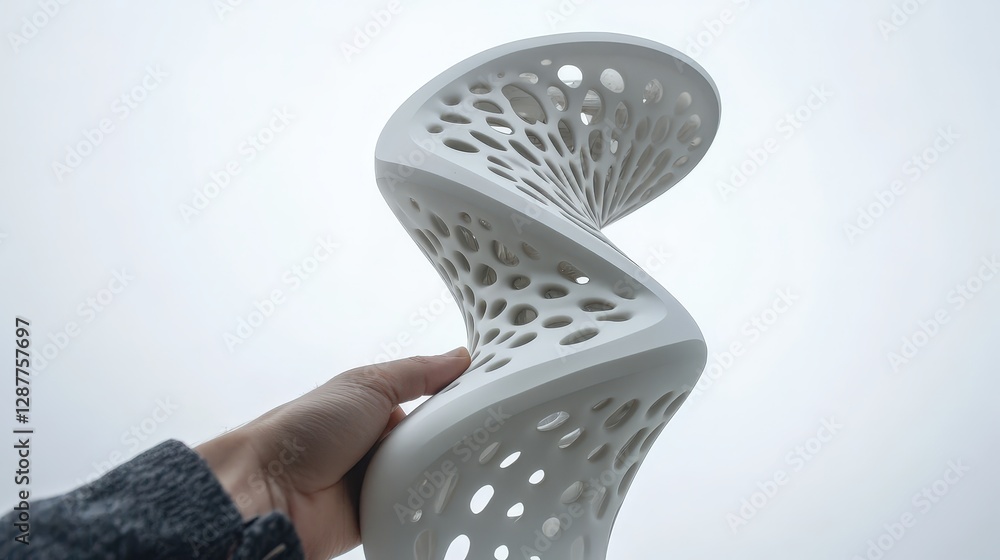 Fototapeta premium Abstract White Sculpture with Curved Design and Holes in Structure