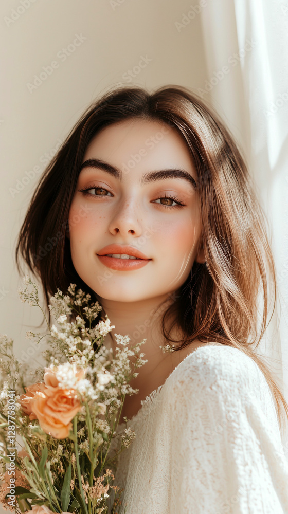Bride with defined brows holds flowers in a softly lit room, capturing a moment of elegance and beauty during the wedding preparation Bride with defined brows holds flowers in a softly lit room, capturing a moment of elegance and beauty during the wedding preparation