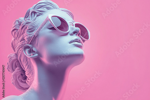Beautiful female sculpture in ancient greek art style wearing sunglasses looking to the left on pink background. Fashionable photo of pop art statue.