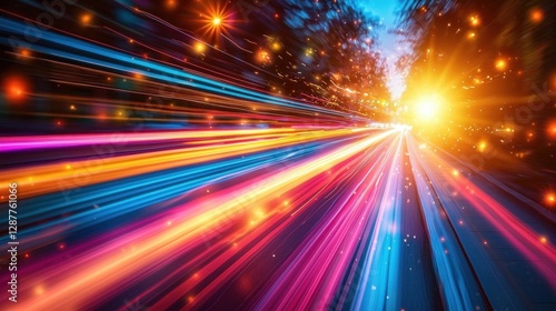 Speeding lights show modern transportation using digital technology in bright blur