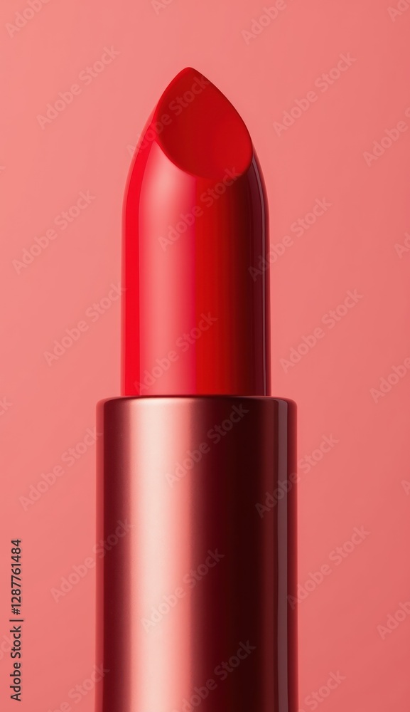 Close-up of a glamorous red lipstick against a pink background, spring makeup concept Close-up of a glamorous red lipstick against a pink background, spring makeup concept
