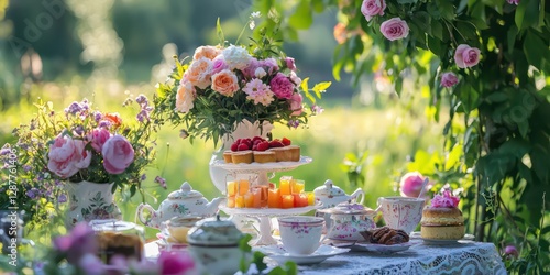 Fototapeta Naklejka Na Ścianę i Meble -  A picturesque garden tea party with flowers in full bloom