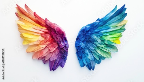 Colorful, rainbow-colored angel wings isolated on a white background, in a simple and minimalistic style