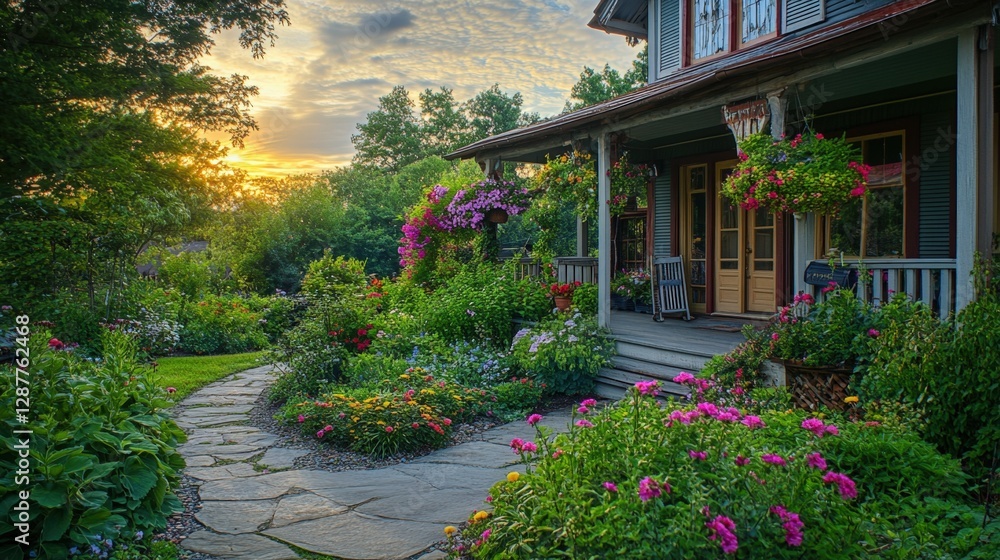 Obraz premium Beautiful garden pathway leading to a cozy home at sunset