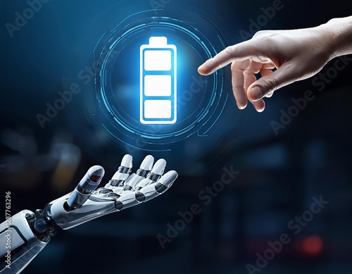 Robotic hand reaches out toward a glowing battery icon in a futuristic setting at dusk