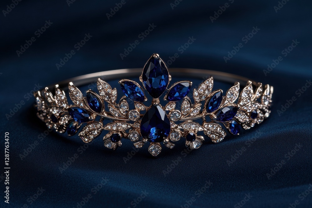 Elegant tiara with blue gemstones on a dark blue background. Elegant tiara with blue gemstones on a dark blue background.