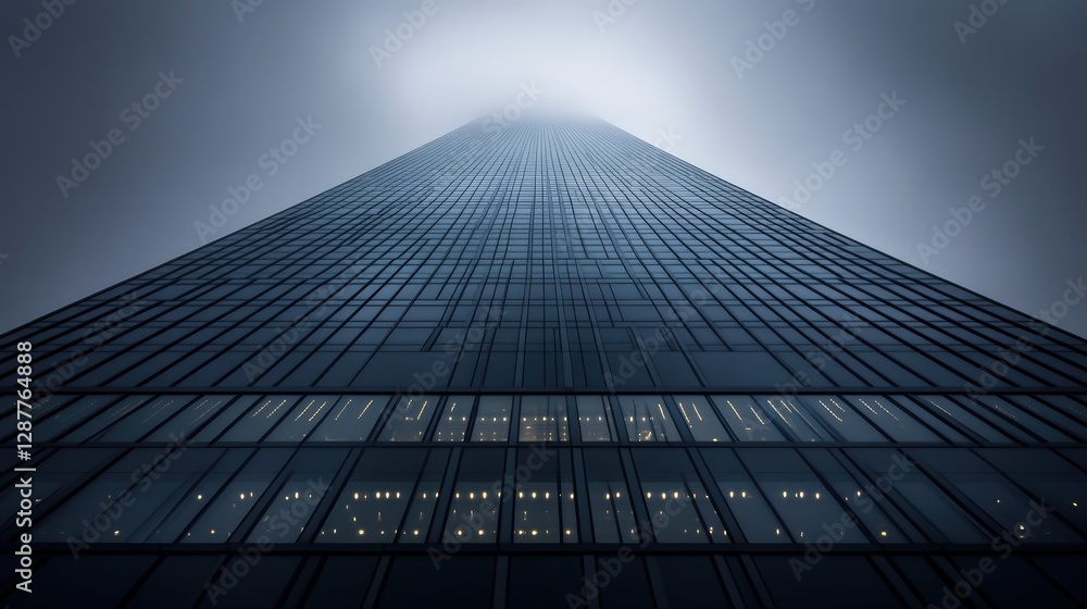 Fototapeta premium Towering Building Shrouded in Mist Under a Gray Sky at Dusk