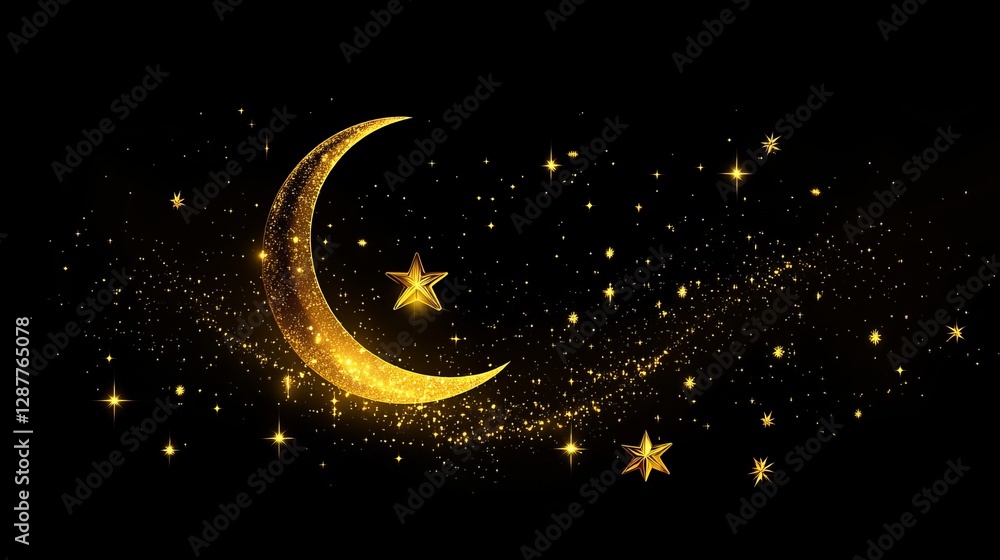 Fototapeta premium Twinkling golden stars and a glowing crescent moon create a serene night sky for Eid celebrations. Generative AI