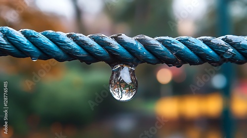 Raindrop on Blue Rope, Autumn Park