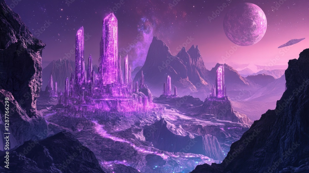 Obraz premium Surreal Fantasy Landscape with Crystalline Structures and Celestial Bodies