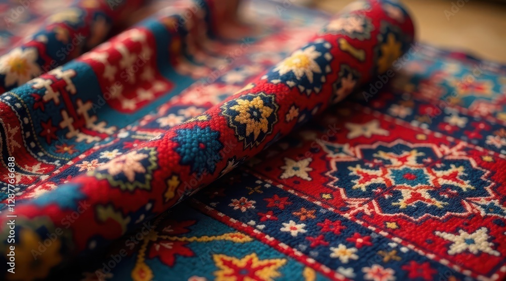 Fototapeta premium Intricate Textile Design A Close-Up View of Richly Colored Woven Fabric with Detailed Patterns and Textures