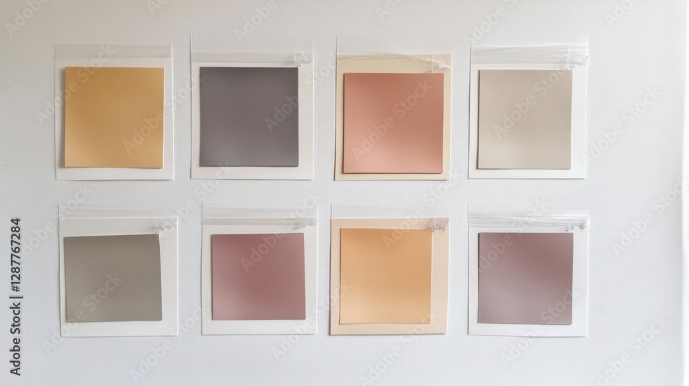 Fototapeta premium Color palette samples arranged neatly on a white wall for design inspiration and selection purposes