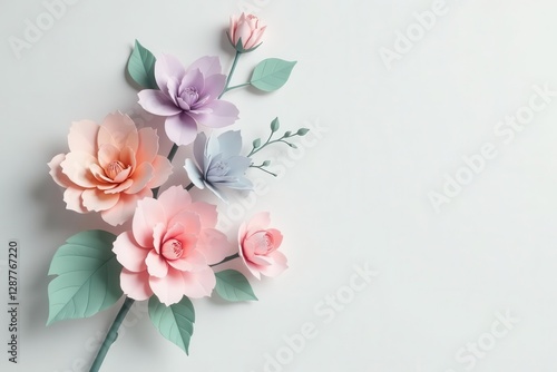 Delicate Paper Flowers Arranged on a Light Background A Springtime Floral Composition Featuring Pastel Hues and Intricate Details