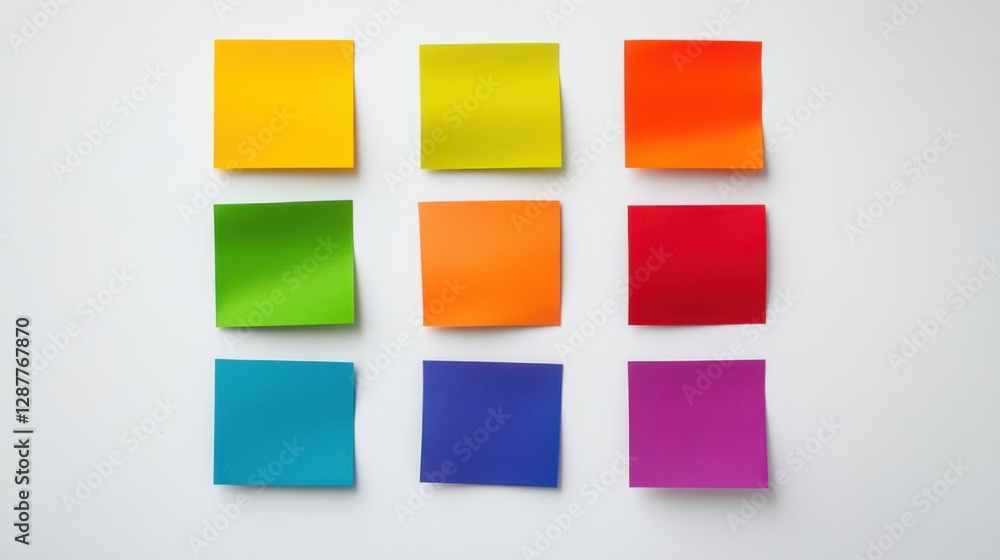 Colorful arrangement of sticky notes on a white surface for creative brainstorming in an office setting Colorful arrangement of sticky notes on a white surface for creative brainstorming in an office setting