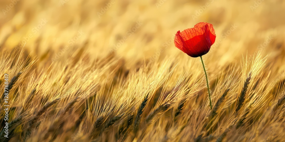 Naklejka premium A single bright red poppy standing in a golden wheat field